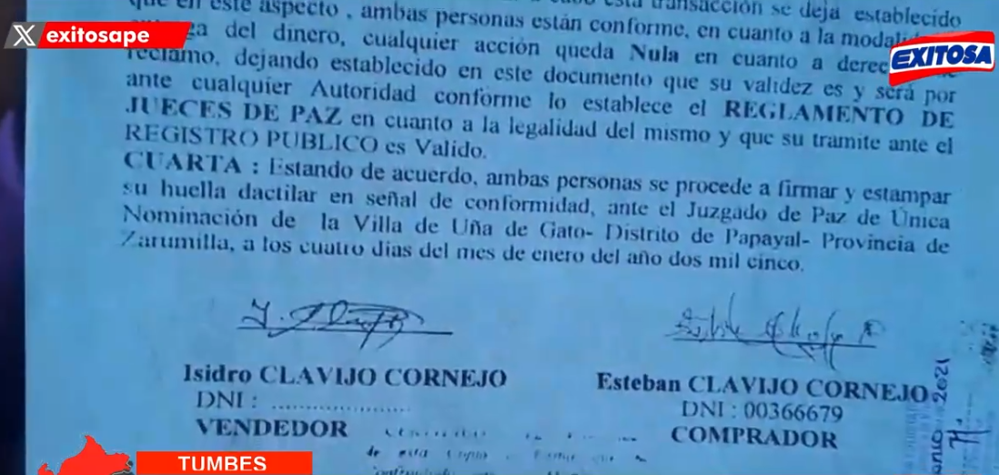 Documento de compra-venta de parcela agrcola en disputa en Tumbes.