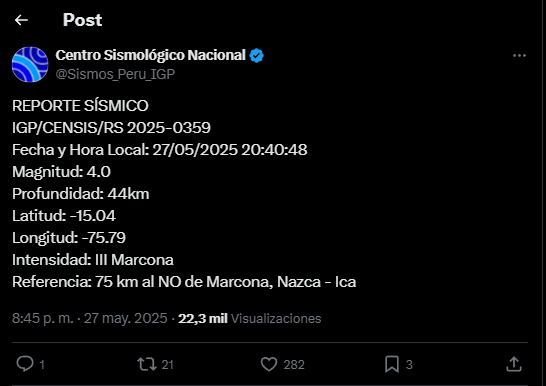 Sismo de 4.0 en Ica.