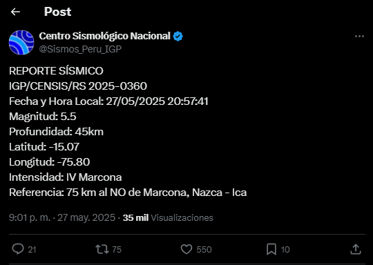 Sismo de 5.5 en Ica.