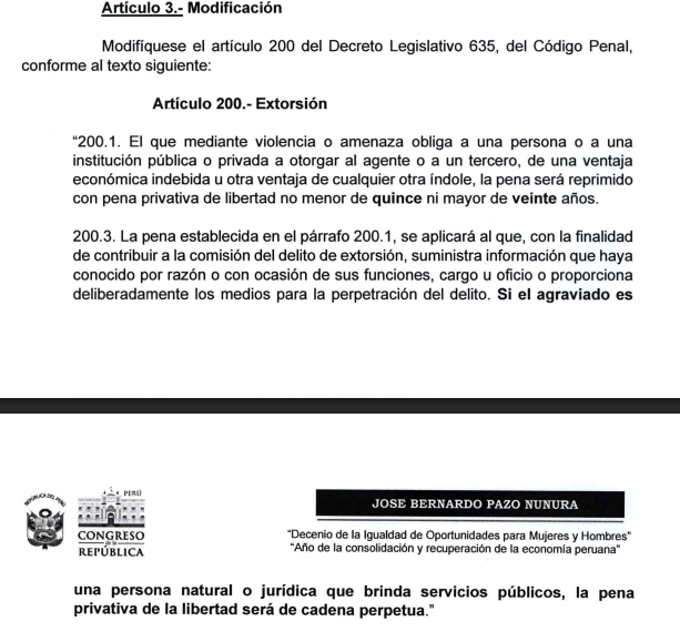 Cadena perpetua para delitos de extorsin.