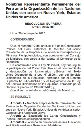 Nombramiento de Gustavo Adrianzn ante OEA.