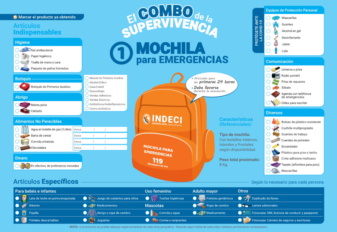 Mochila de emergencias - Fuente: Indeci