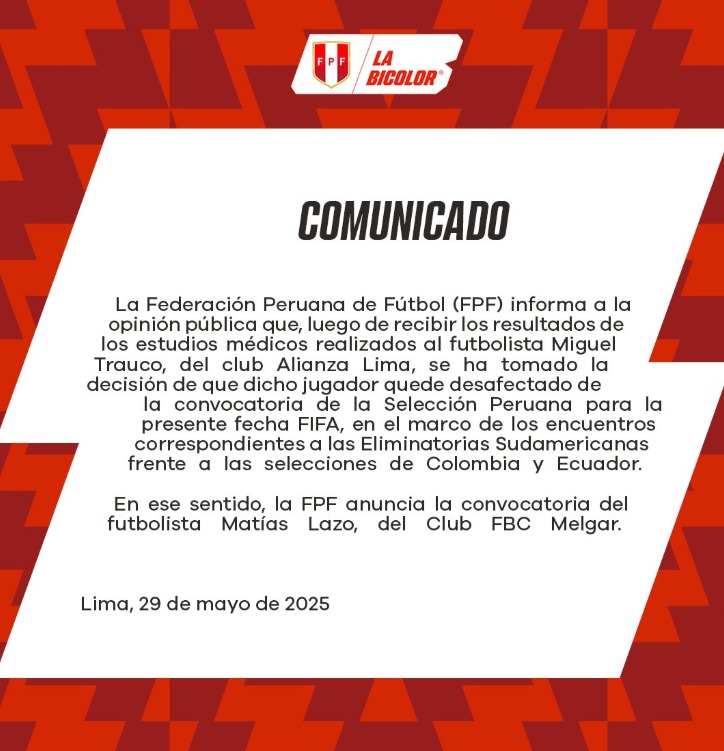 Seleccin anunci la desconvocatoria de Miguel Trauco por lesin.