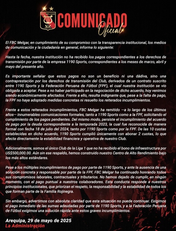Melgar reclama a 1190 Sports una deuda de 3 meses por derechos de TV.