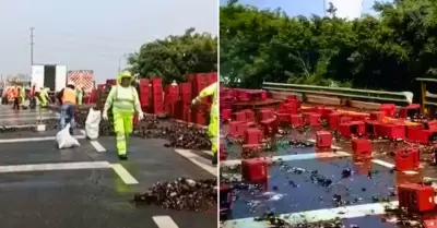 Cajas de cervezas caen en vía de la Panamericana Sur.