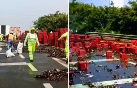 Cajas de cervezas caen en va de la Panamericana Sur.