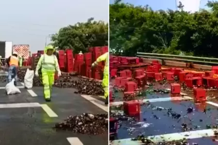 Cajas de cervezas caen en vía de la Panamericana Sur.