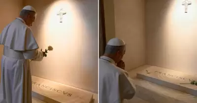 Papa León visitó tumba de Francisco y oró de rodillas.