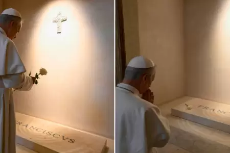 Papa León visitó tumba de Francisco y oró de rodillas.