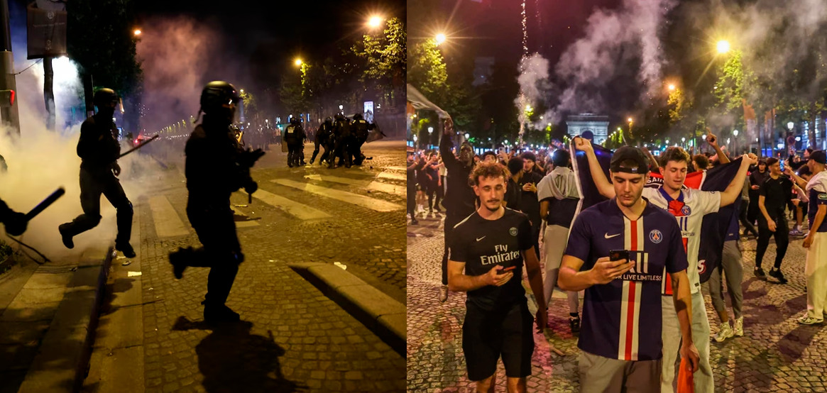 Integrantes de la polica francesa se enfrentan con hinchas del Paris Saint-Germain.
