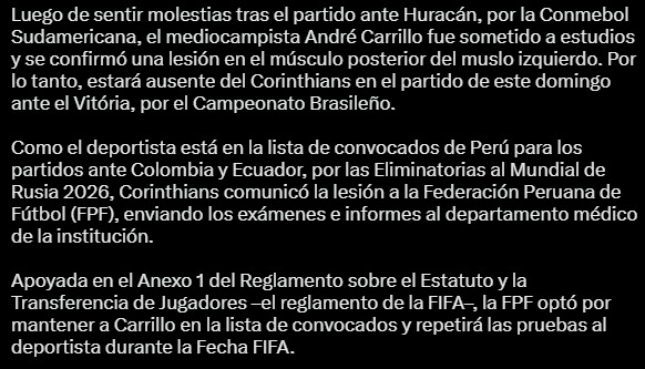 El comunicado de Corinthians sobre la lesin de Andr Carrillo.