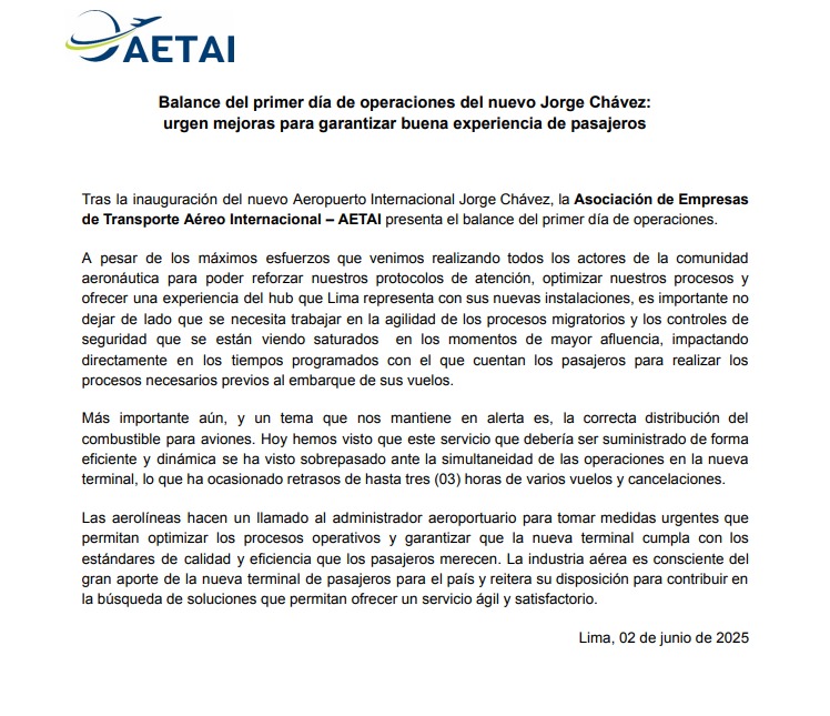AETAI alerta sobre falta de combustible en aviones del Jorge Chvez.
