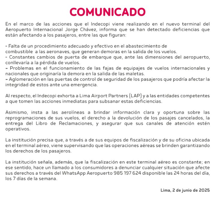 Indecopi exige a LAP solucionar inconvenientes reportados en el nuevo Jorge Chvez.