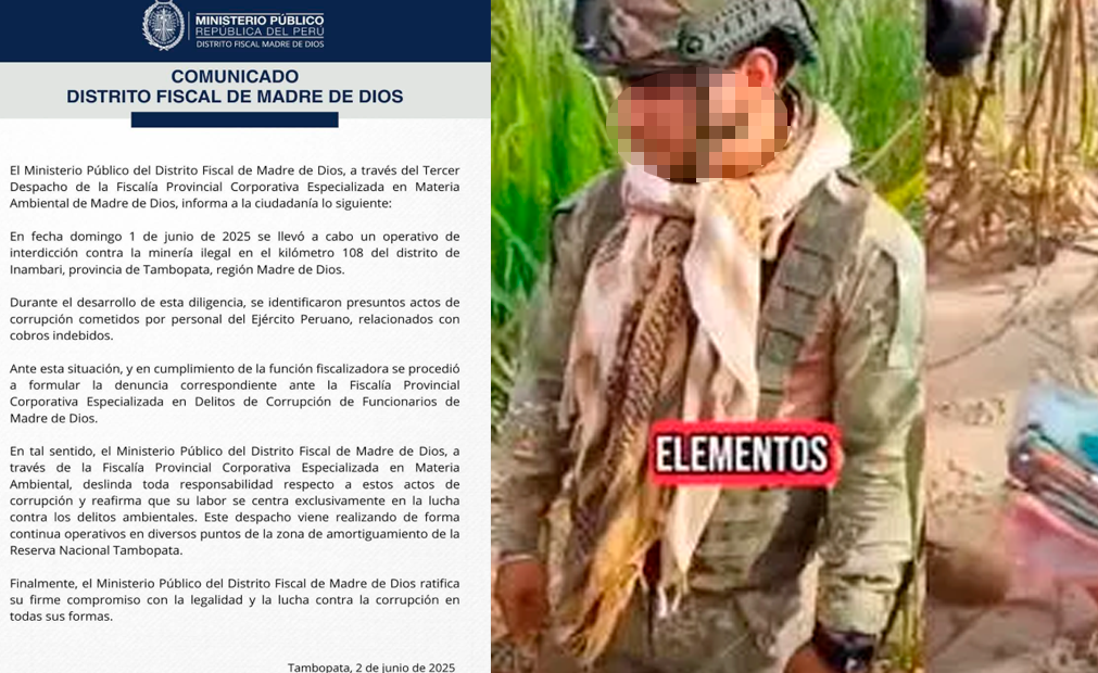 Fiscala de Madre de Dios investiga a dos soldados por presunto cobro de cupos a mineros ilegales.