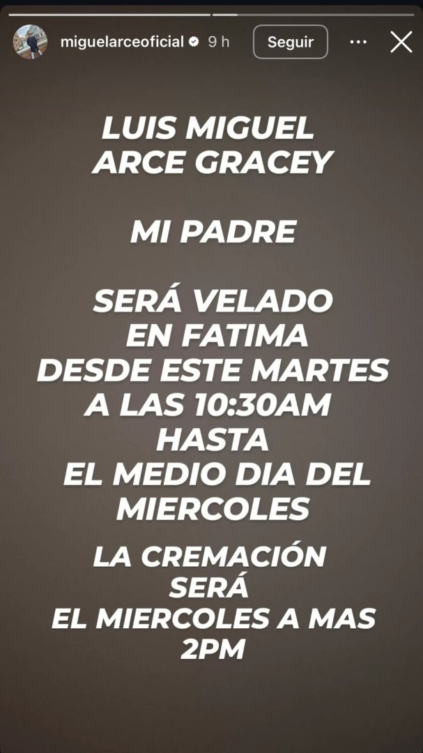 Miguel Arce anuncia deceso de su padre.