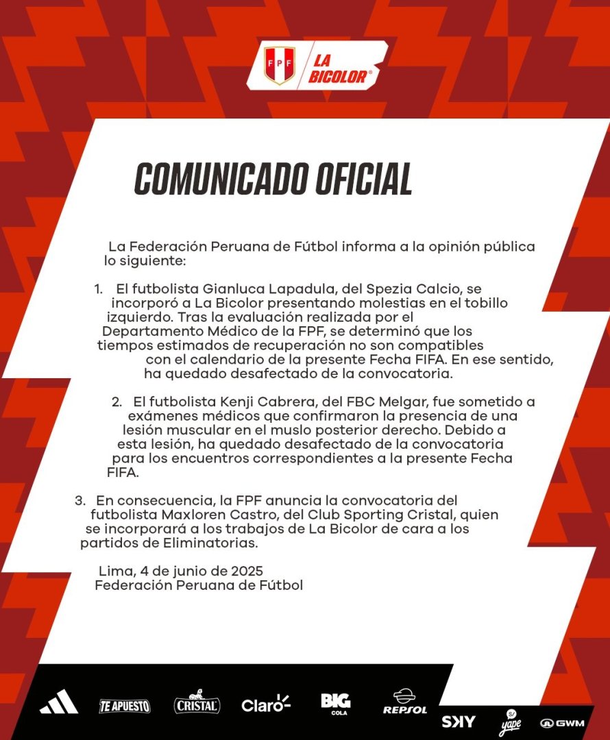 La Seleccin Peruana anuncia la desconvocatoria de 2 jugadores por lesin.