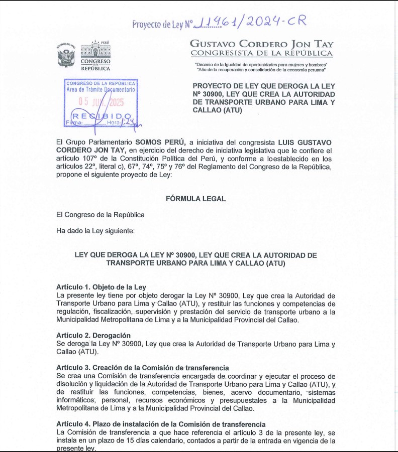 Proyecto de Ley del congresista Luis Cordero Jon Tay.