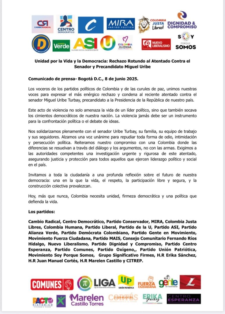 Comunicado de fuerzas políticas de Colombia
