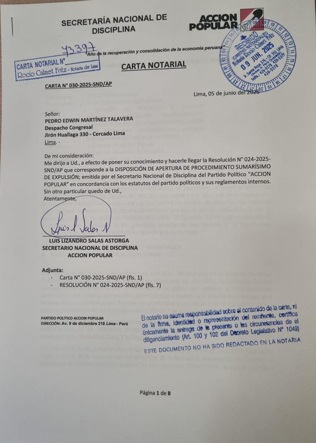 Accin Popular expulsara a Edwin Martnez de su militancia.