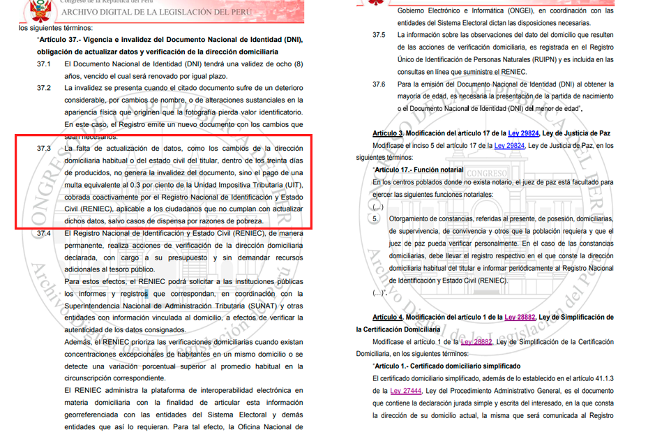 Ley N 30338 establece que los ciudadanos actualicen sus datos como el domicilio en su DNI.