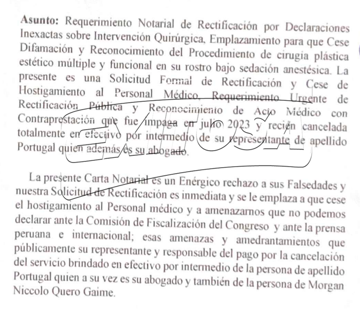 Carta notarial de Mario Cabani contra Dina Boluarte.