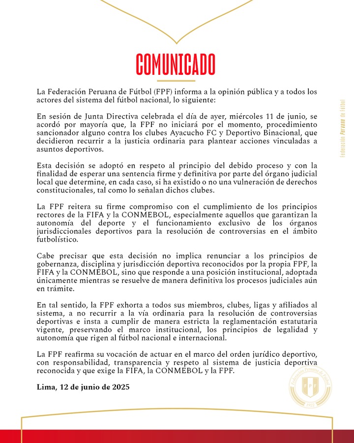 FPF emiti comunicado sobre situacin de Ayacucho FC y Binacional.