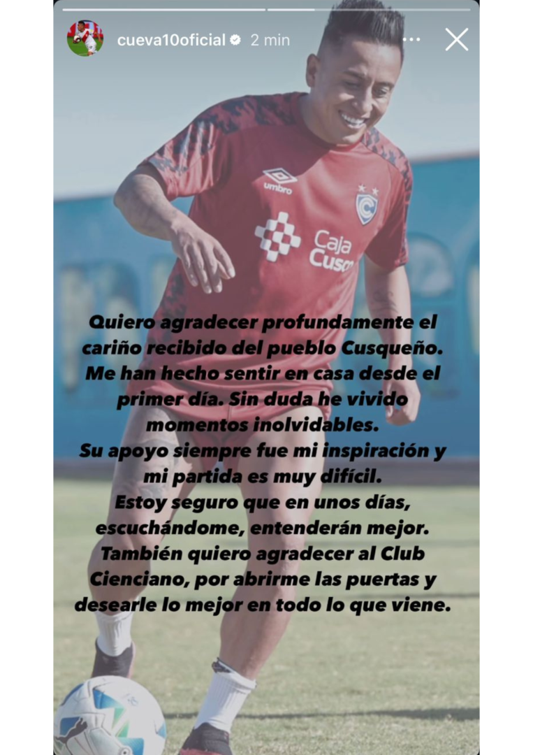 Christian Cueva se despide de Cienciano en redes sociales.