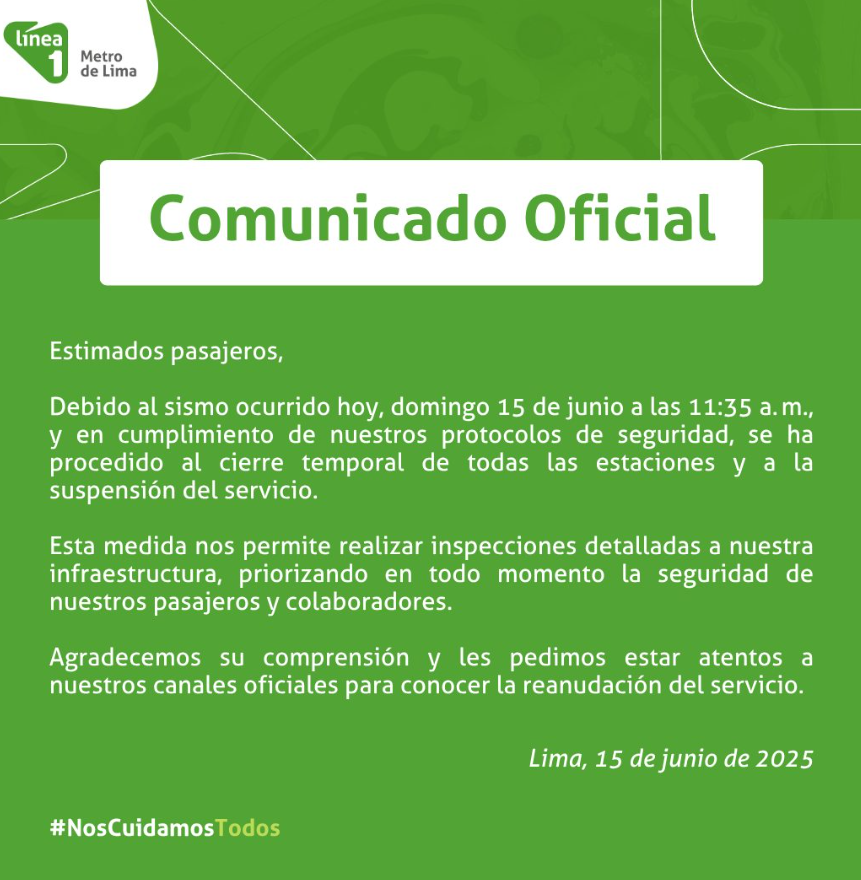 Lnea 1 del Metro de Lima suspende temporalmente su servicio tras sismo de 6.1 en el Callao.
