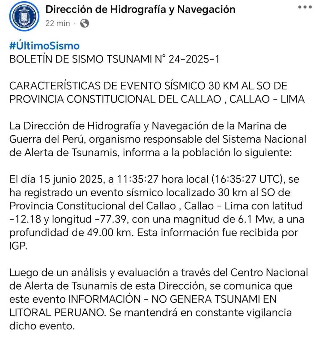 Marina de Guerra descarta tsunami en el litoral de Lima y Callao.