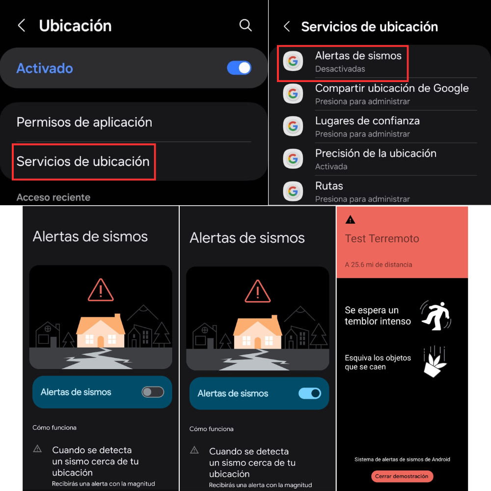 Pasos para activar alerta de sismo.