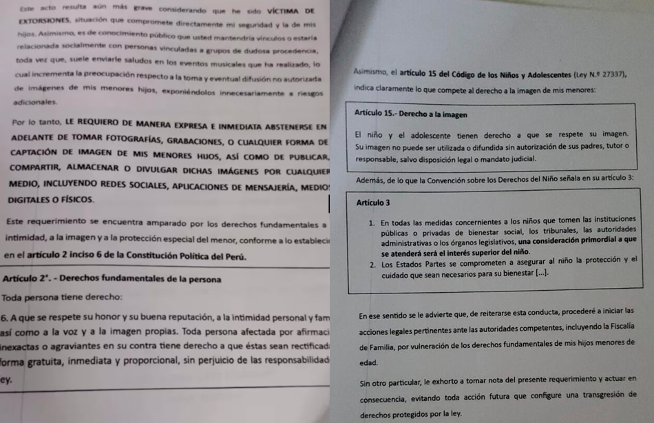 Carta notarial enviada a Pamela Franco.