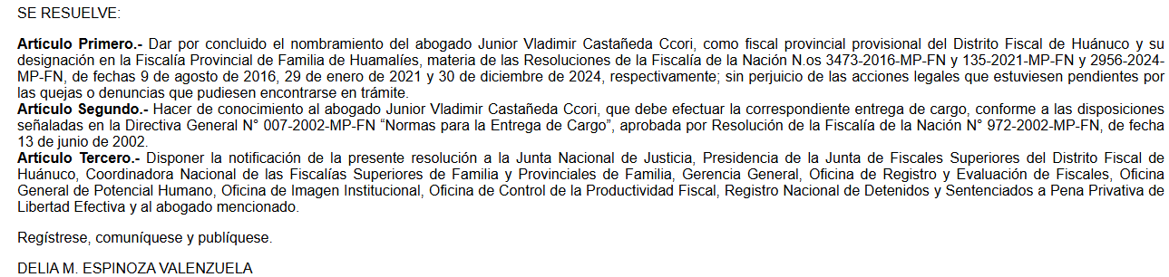 Resolución que destituye al fiscal Junior Castañeda.