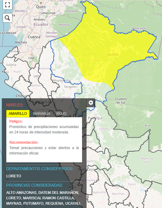 Alerta amarilla en Loreto ante eventuales lluvias intensas.