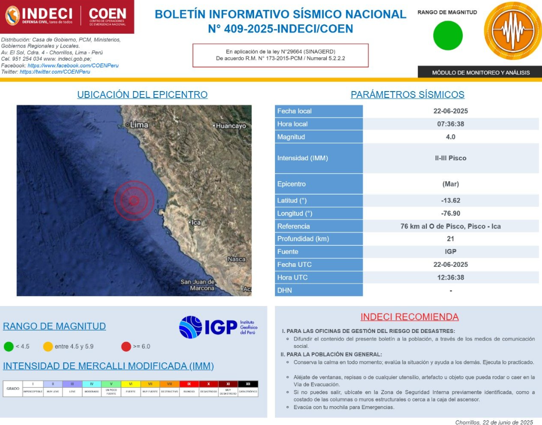 COEN-INDECI sobre sismo en Ica.
