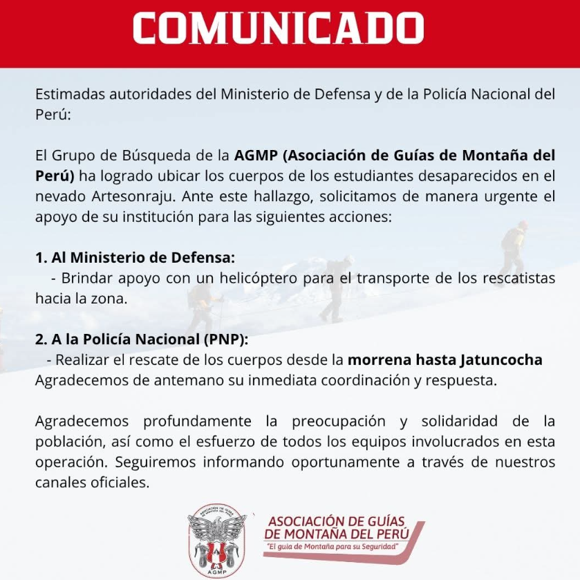 Asociacin de Guas de Montaa del Per confirma hallazgo de estudiantes desaparecidos en el nevado Artesonraju.