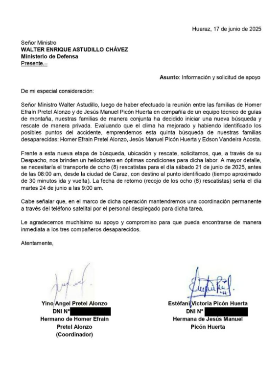 Familiares de montaistas desaparecidos piden apoyo a Mindef.