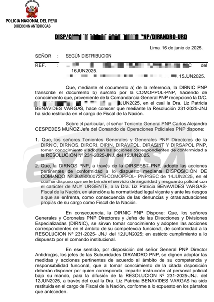 Documento policial activa medidas de seguridad a favor de Patricia Benavides.