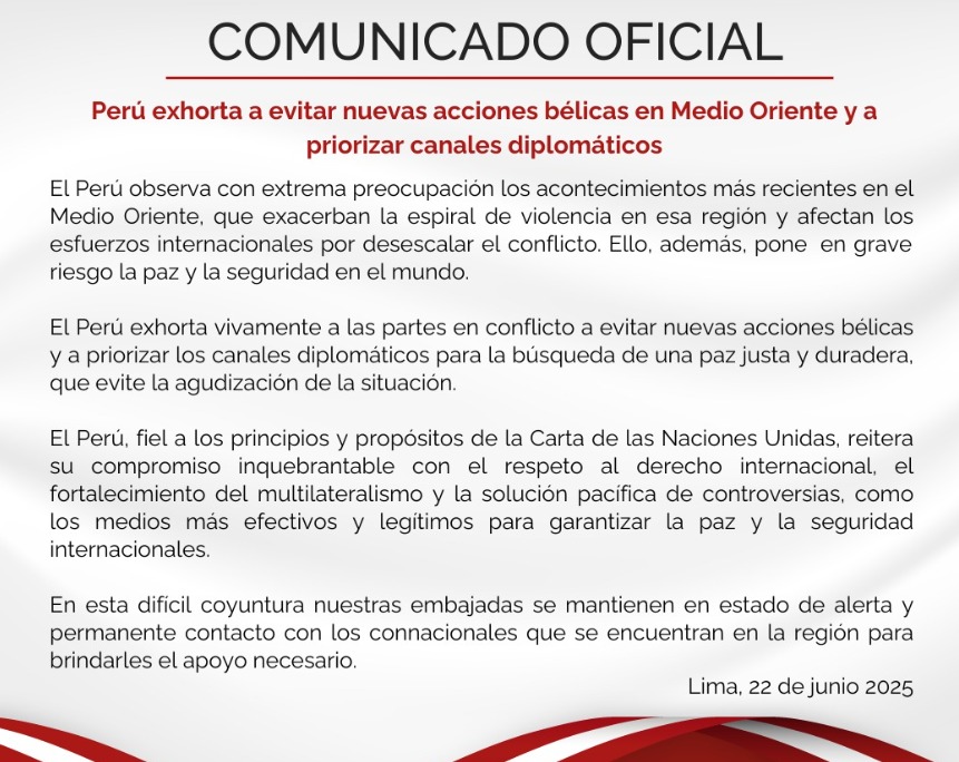Cancillera pide optar por la diplomacia ante conflicto en el Medio Oriente.