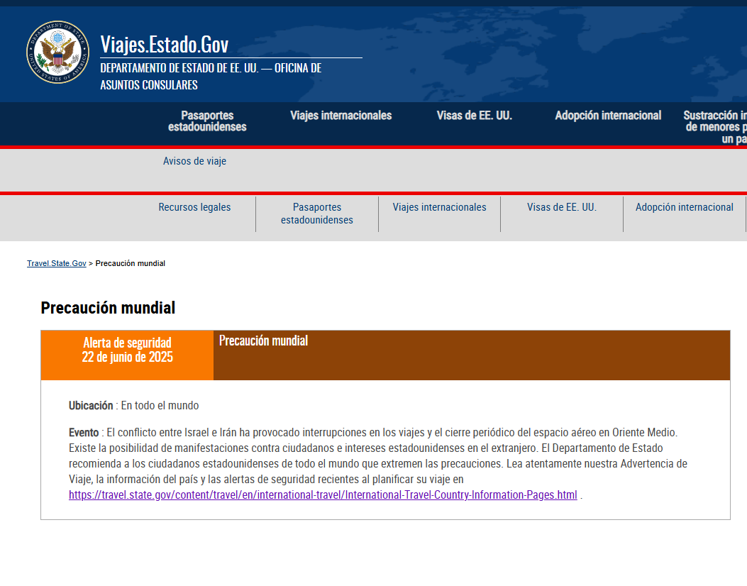 Alerta del Departamento de Estados de EE. UU.