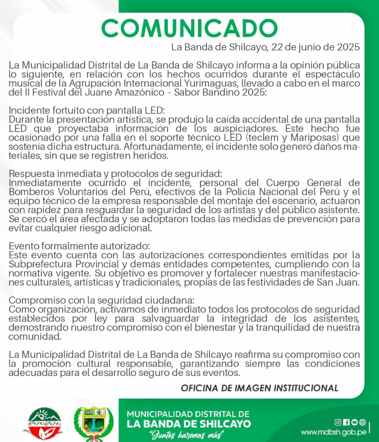Comunicado de la Municipalidad de La Banda de Shilcayo tras incidente en festival.