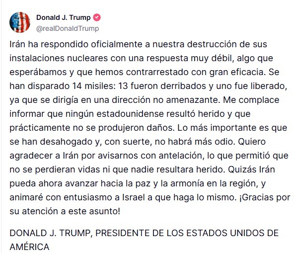 Donald Trump minimiz ataque de Irn a sus bases militares en Qatar.