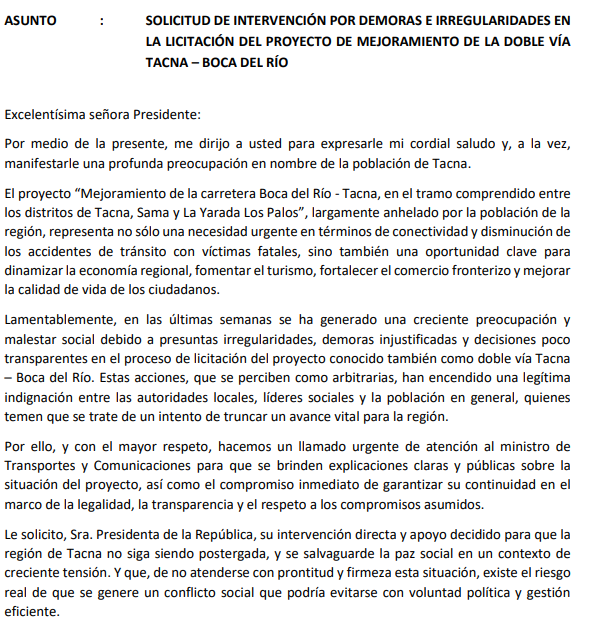 Gobernador Torres pide intervencin de Dina Boluarte.