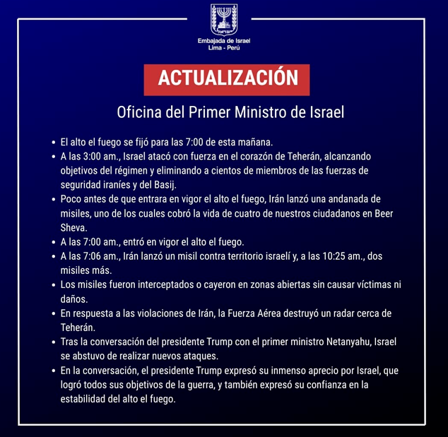 Israel anuncia alto al fuego contra Irn.