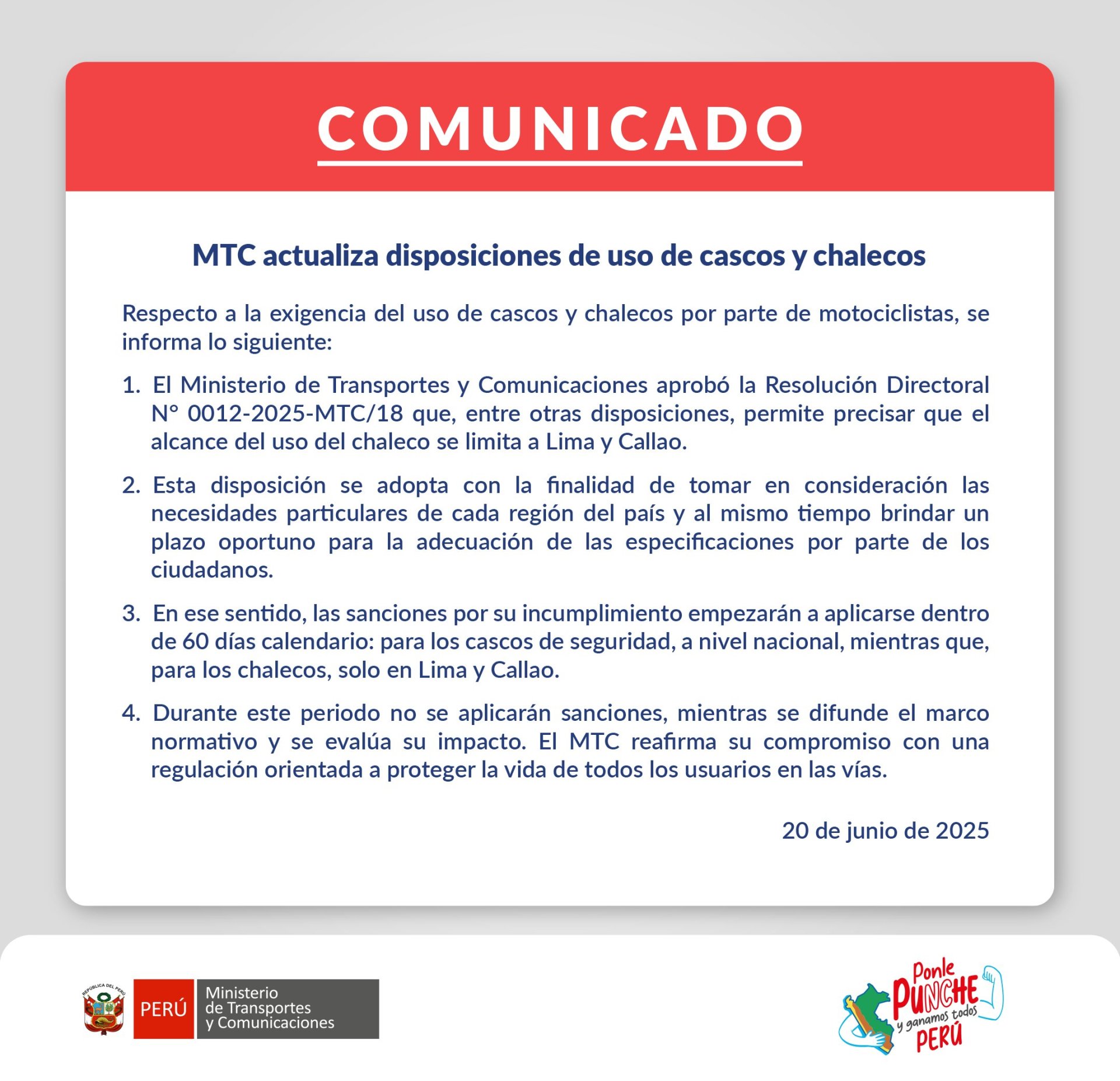 Comunicado del MTC.