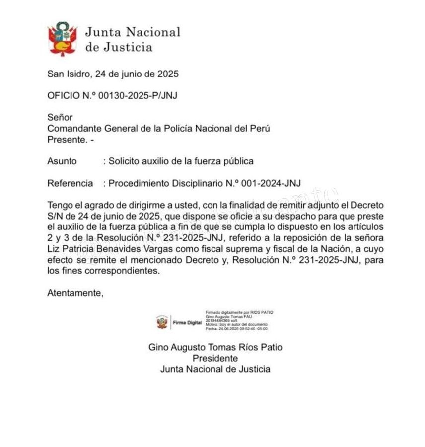 JNJ pide el uso de la fuerza a la PNP para restituir a Patricia Benavides.