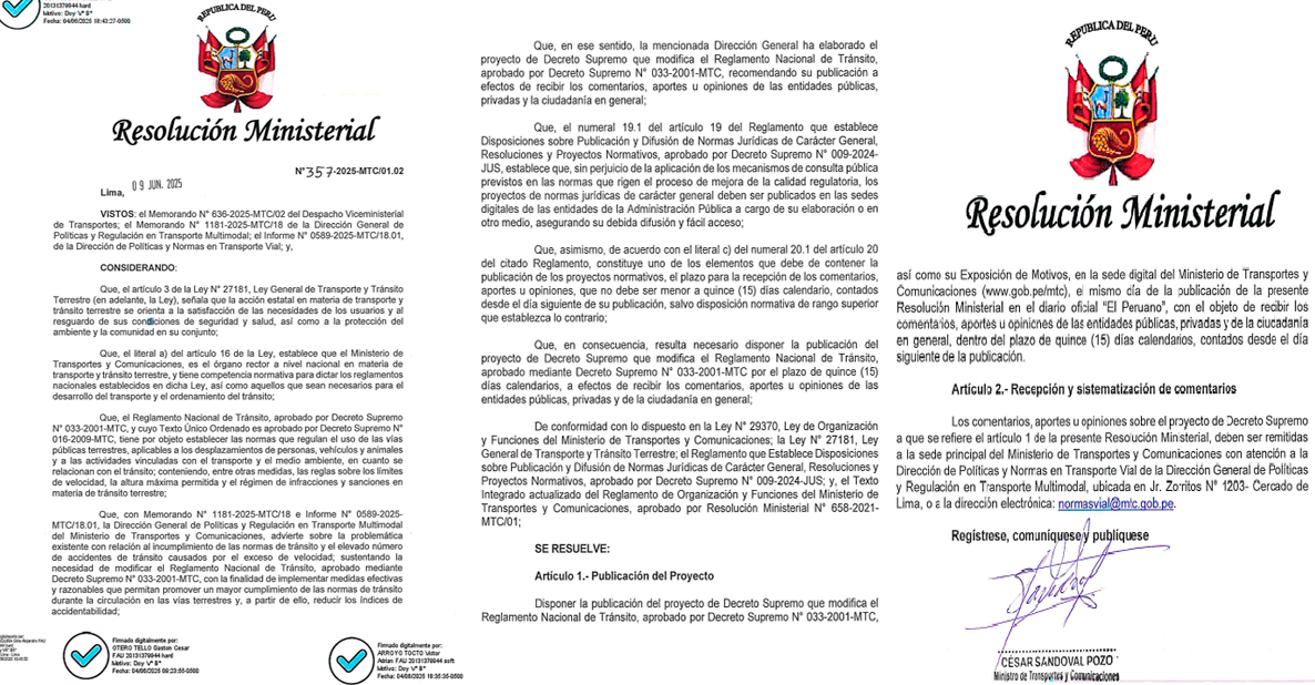 Proyecto del MTC materializado en la Resolucin Ministerial N 357-2025-MTC/01.02.