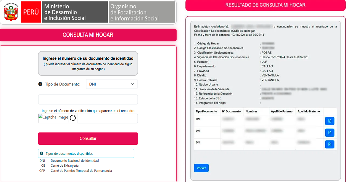 Resultados al consultar el padrn del SISFOH.