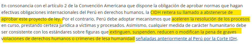 CIDH exhorta al Per no aprobar este tipo de amnistas.