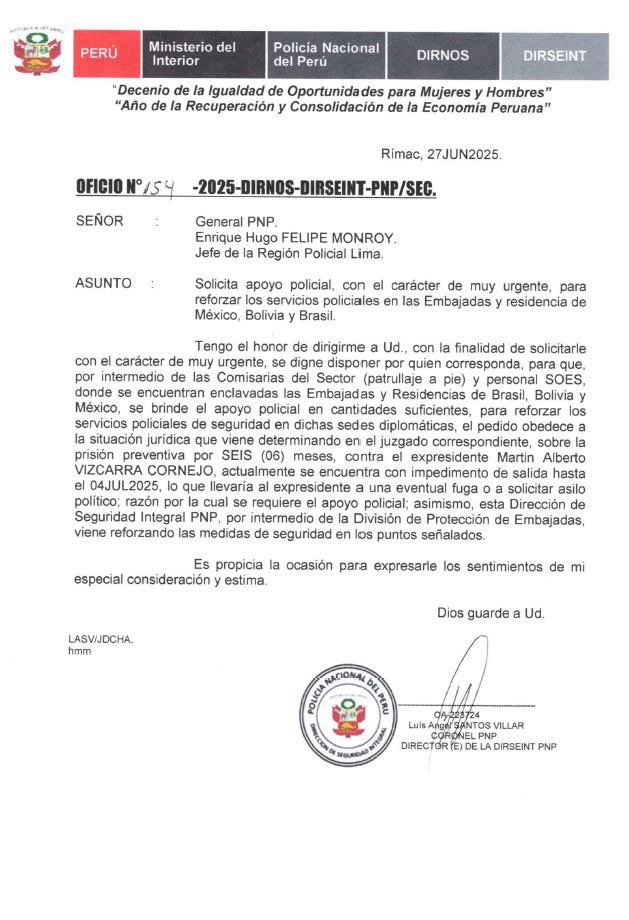 Piden reforzar seguridad policial en embajadas por caso Martn Vizcarra.