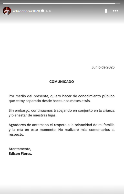 Comunicado de Edison Flores confirmando su separacin con Ana Siucho.